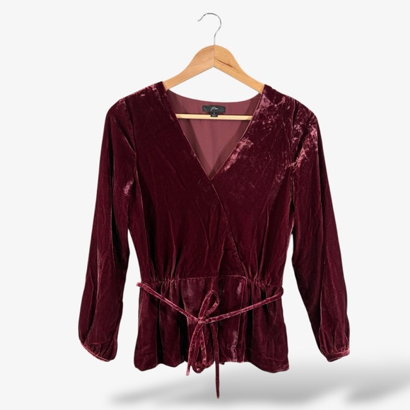 J. Crew Burgundy Velvet Blouse Size 2 Faux Wrap Tie Waist Long Sleeve J4962 - Picture 1 of 12